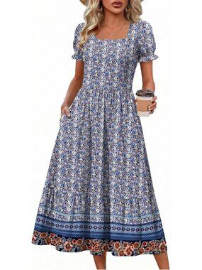 Zeagoo Women's Blue White Floral Flowy Casual Short Sleeve Tiered Mid Maxi Dress